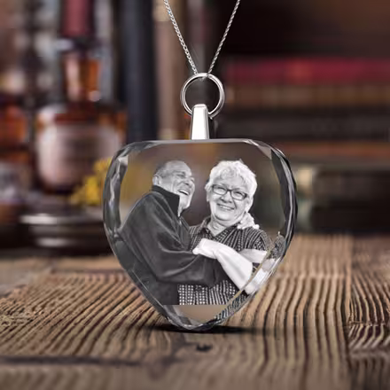 Happy couple image laser engraved in a 2D photo crystal heart necklace