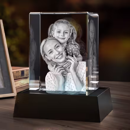 A beautiful family picture engraved in a 3D photo gem crystal tall with a LED light base.