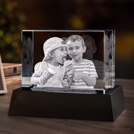 A beautiful family picture engraved in a 3D photo gem crystal wide with a LED light base.